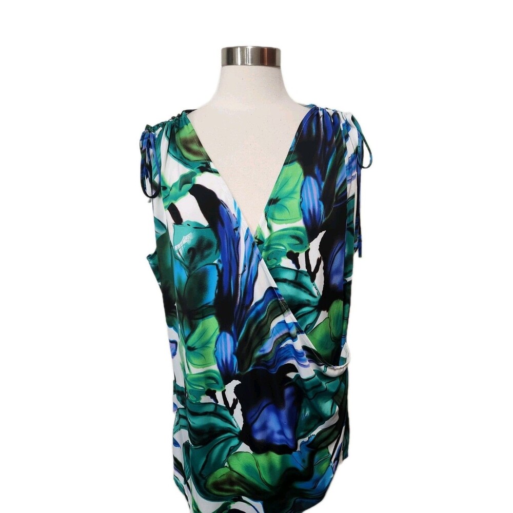 Milano Womens 2X Top Blue Green Side Ruched Sleeveless Faux Wrap StretchPullover